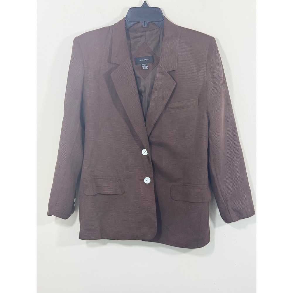 Silk House Blazer Women S Tobacco Brown 100% Silk Microcheck Quiet Luxury Career